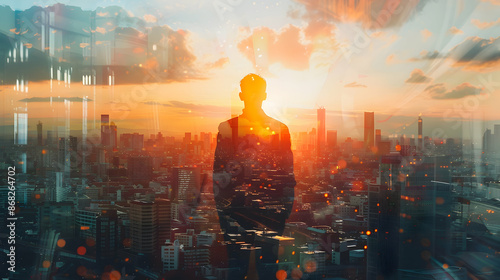 The double exposure image of the business man standing back during sunset overlay with cityscape image, The concept of modern life, business, city life and internet of things,