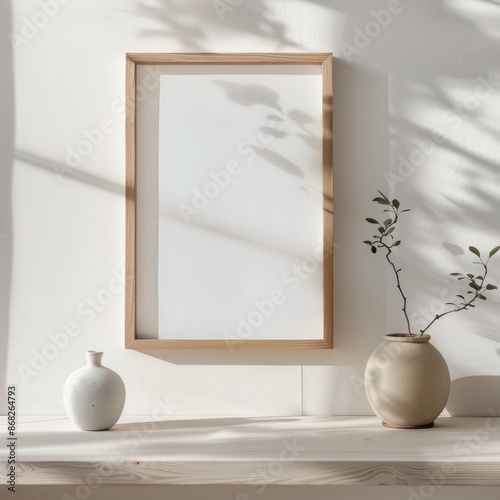 Simple Picture Frame Mockup: Light Wood Frame on White Wall, Modern Minimalist Interior Design