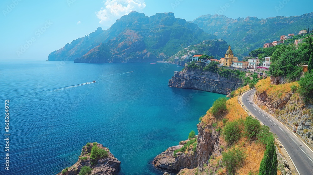 Obraz premium Scenic Drive on Amalfi Coast: Cliffside Villages and Azure Sea Views in Summer Minimalist Landscape