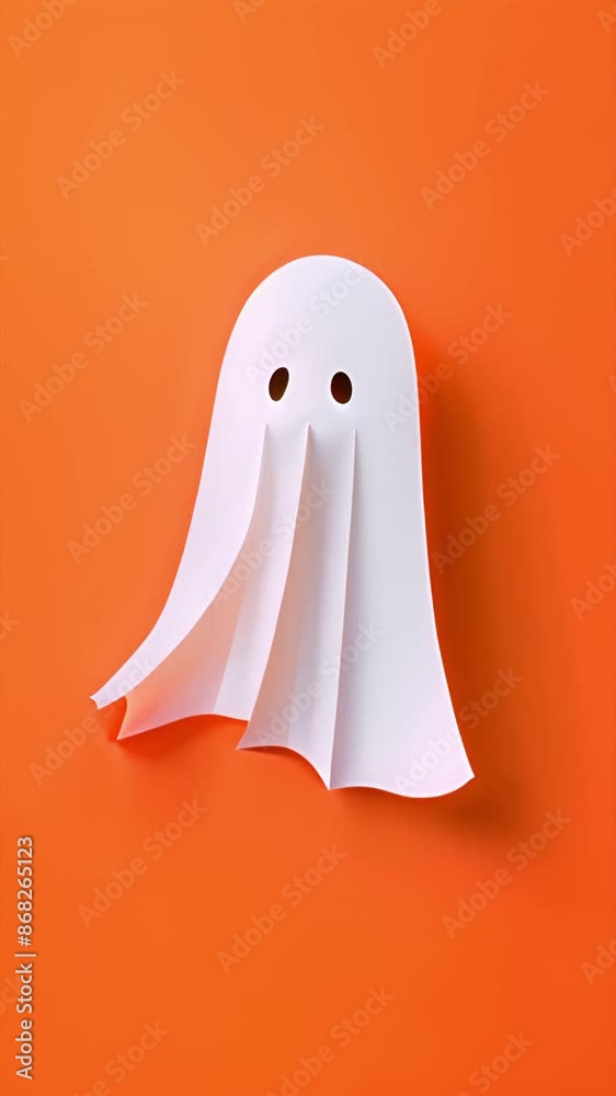 Ghost consisting of a sheet with holes for eyes floating against a plain orange background in paper cutout style. 4k video in smart phone 16:9 aspect ratio for Halloween meme. Ghost consisting of a sheet with holes for eyes floating against a plain orange background in paper cutout style. 4k video in smart phone 16:9 aspect ratio for Halloween meme.