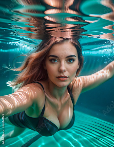 feminine passionate and sexy underwater session, large breasts, shapely legs and beautiful buttocks, kobieca namiętna i seksowna sesja pod wodą, duże piersi, zgrabne nogi i piękne pośladki photo