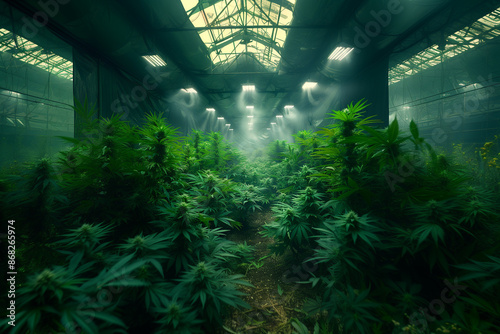A wide-angle view of a cannabis farm inside a greenhouse. The greenhouse is illuminated with soft, diffused light, highlighting the lush green plants.