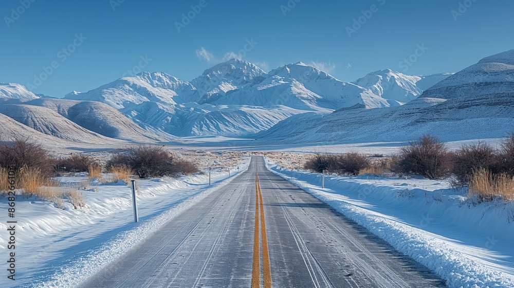 Serene Winter Landscape of Ruta 3 Argentina with Snow-Covered Vastness and Majestic Mountains Serene Winter Landscape of Ruta 3 Argentina with Snow-Covered Vastness and Majestic Mountains