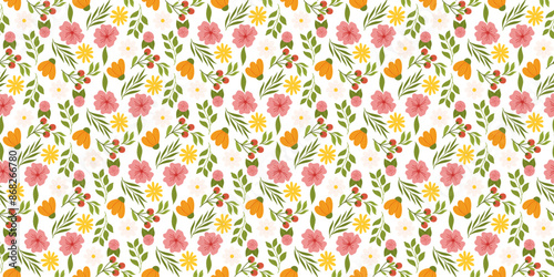 Seamless design with floral elements. Botanical-inspired repetitive fabric or wallpaper pattern with yellow and orange flowers, red berries, leaves, and cherry blossom.