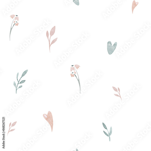 Seamless watercolor floral pattern pink blush flowers elements, green leaves branches on white backgroundfor wrappers, wallpapers, greeting cards, wedding invites © kris_art
