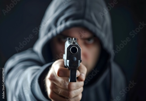 Hooded man pointing gun with aggressive expression, Crime threat danger gun violence concept © RANA