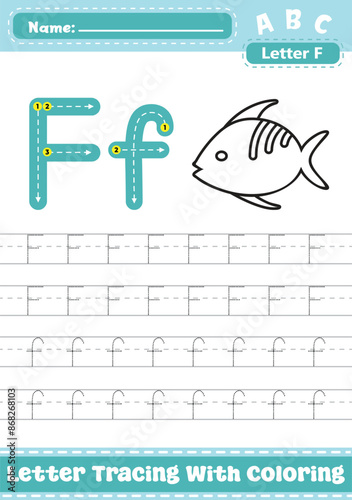 Letter F Uppercase Lowercase Tracing Worksheet with Coloring Apple Activity.  A4 Alphabet F Trace Handwriting Printable Vector Illustration. Worksheet for Preschool Kindergarten Kids. Learn To Write.