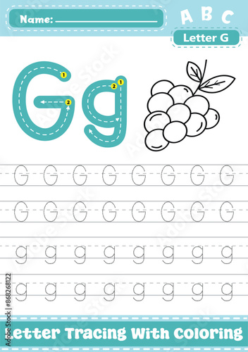 Letter G Uppercase Lowercase Tracing Worksheet with Coloring Apple Activity.  A4 Alphabet G Trace Handwriting Printable Vector Illustration. Worksheet for Preschool Kindergarten Kids. Learn To Write.