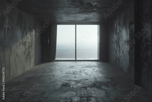 Minimalist concrete room with large window overlooking the sea