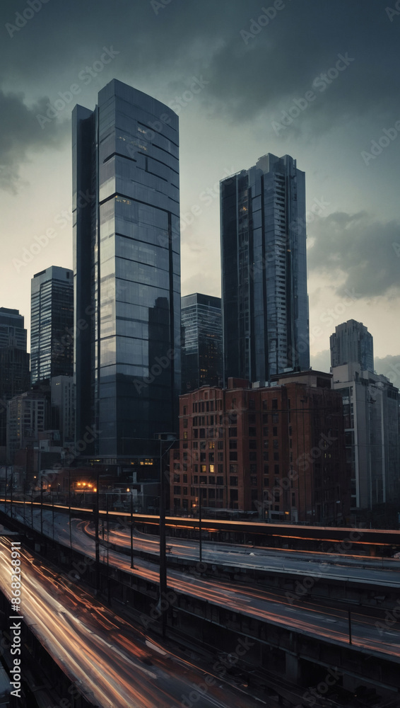 Abstract piece showcasing a city skyline. Muted colors and bold lines create a contemplative mood. Abstract piece showcasing a city skyline. Muted colors and bold lines create a contemplative mood.