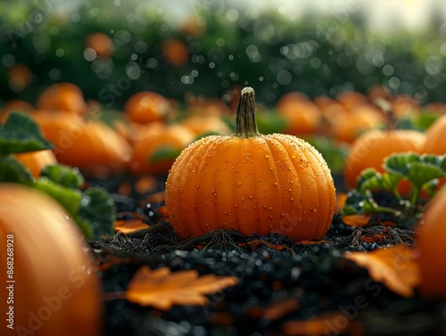 Dewy Pumpkin in a Field of Pumpkins.