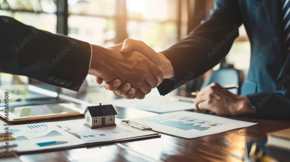 Close-up of Businessmen's handshake, Considering buying a home, investing in real estate. The broker signs a sales agreement: agent, lease agreement, successful deal. concept for residential property. Close-up of Businessmen's handshake, Considering buying a home, investing in real estate. The broker signs a sales agreement: agent, lease agreement, successful deal. concept for residential property.