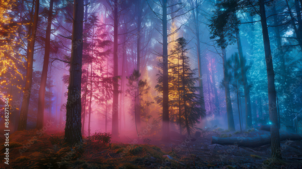 Obraz premium A holographic projection of a fairy tale forest in which each tree emits light in a different color, creating a magical and colorful landscape. The fog floating around adds mystery to the entire scene