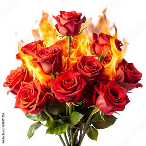 Fototapeta Naklejka Na Ścianę i Meble -  red rose flowers bouquet burning with fire flames on transparent background