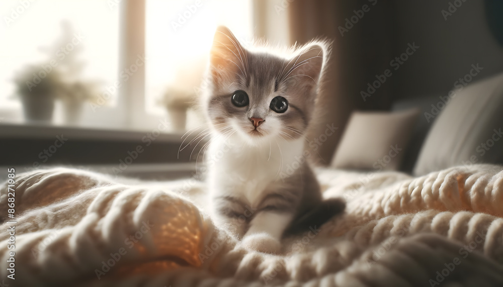 Wide-Format Image of Grey and White Kitten on Soft Blanke Wide-Format Image of Grey and White Kitten on Soft Blanke