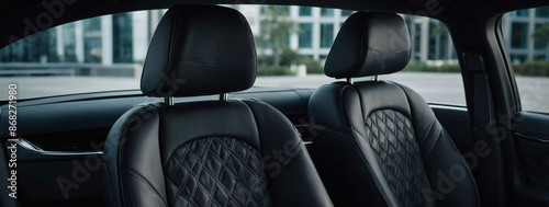 Black leather car seats showcase luxury, intricate stitching, and ergonomic comfort.