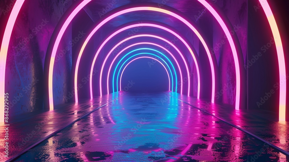 Naklejka premium Neon Arches in a Wet, Reflective Corridor