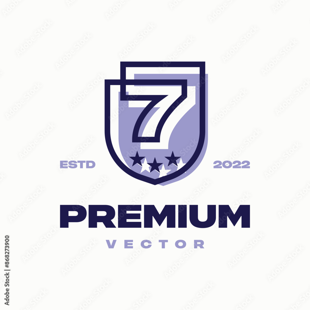 Line art shield that connects without breaking with the number 7. Line art shield that connects without breaking with the number 7.
