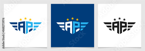 Initial AP Shield with Wings and Star Logo Vector