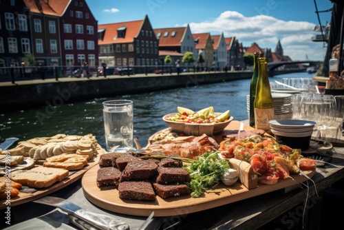 Danish open-faced sandwiches on a canal-side table in Copenhagen.