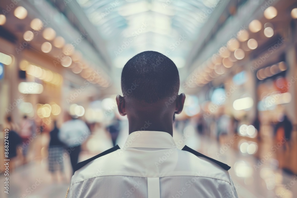 Security guard monitoring busy shopping mall Security guard monitoring busy shopping mall