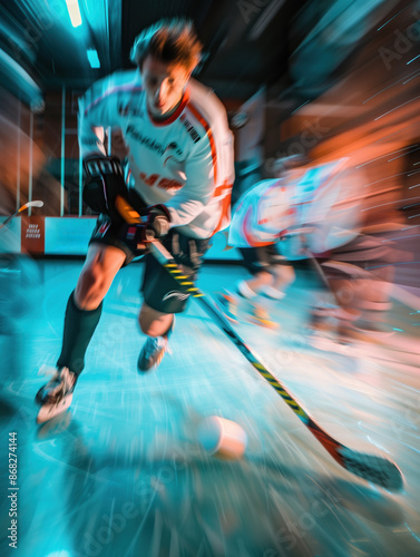 Energetic Hockey Action: Player in White and Black Jersey with Motion Blur Effect in High-Speed Sync Editorial Style Photography