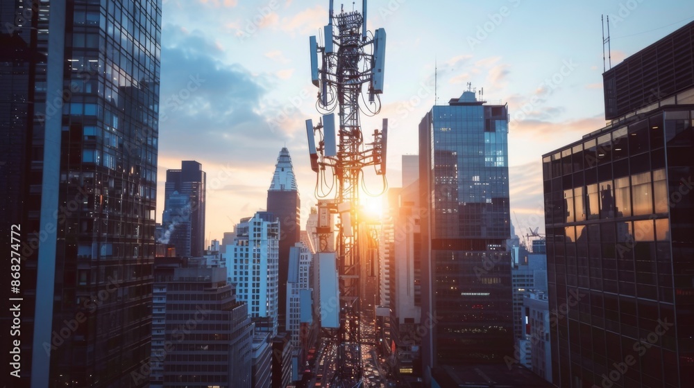 Obraz premium A cellphone tower in an urban setting, surrounded by skyscrapers and busy streets, illustrating the integration of technology in the city.