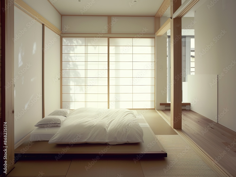 A narrow bedroom designed in the Japanese modern style A narrow bedroom designed in the Japanese modern style