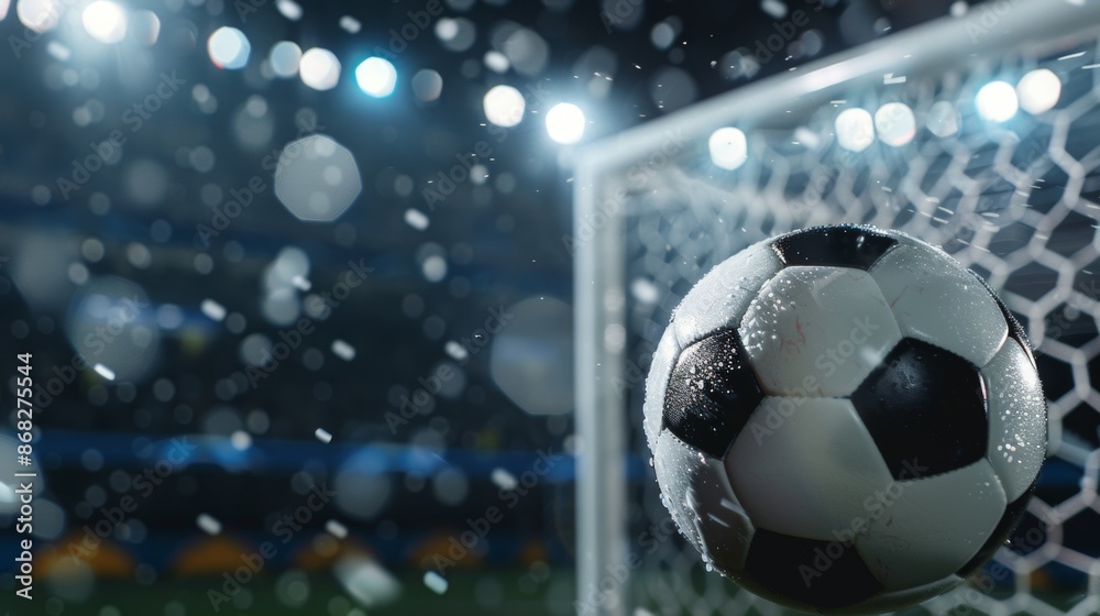 Naklejka premium Football match moment with ball hitting the net in rainy weather