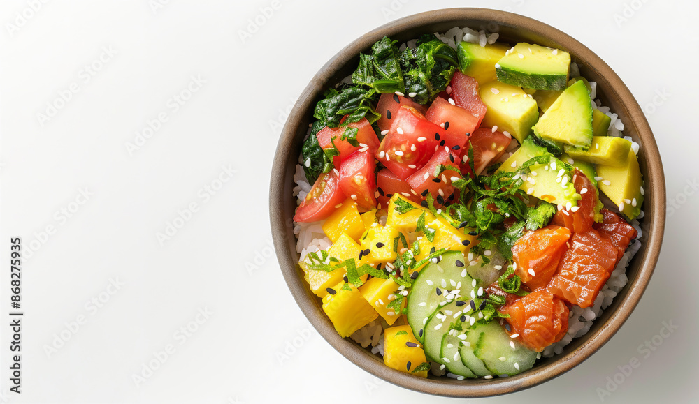 Hawaiian poke bowl with salmon and vegetables isolated on white, delivery pack, copy space Hawaiian poke bowl with salmon and vegetables isolated on white, delivery pack, copy space