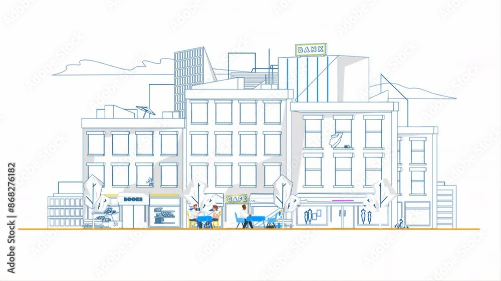 Cartoon People Enjoying Relaxing Afternoon at Outdoor Cafe in Bustling City. Urban Lively Atmosphere, With Several Buildings in the Background 2D Illustration Cartoon People Enjoying Relaxing Afternoon at Outdoor Cafe in Bustling City. Urban Lively Atmosphere, With Several Buildings in the Background 2D Illustration