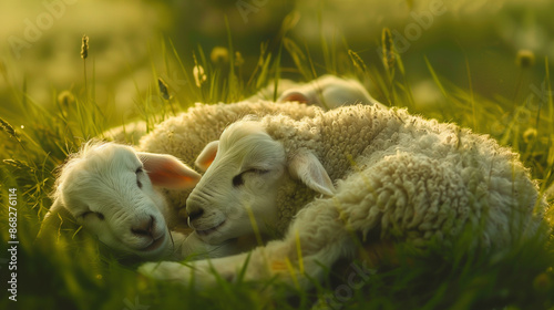 Three sheep are laying in a field of grass. The sheep are all white and appear to be very relaxed