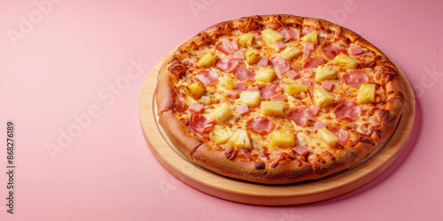 Delicious crispy hawaiian pizza with ham, pineapple and cheese on pink background, copy space