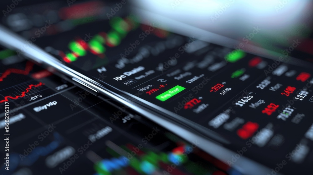 A close-up of a smartphone screen showing a stock trading app with live stock prices, buy/sell buttons, and market news. A close-up of a smartphone screen showing a stock trading app with live stock prices, buy/sell buttons, and market news.