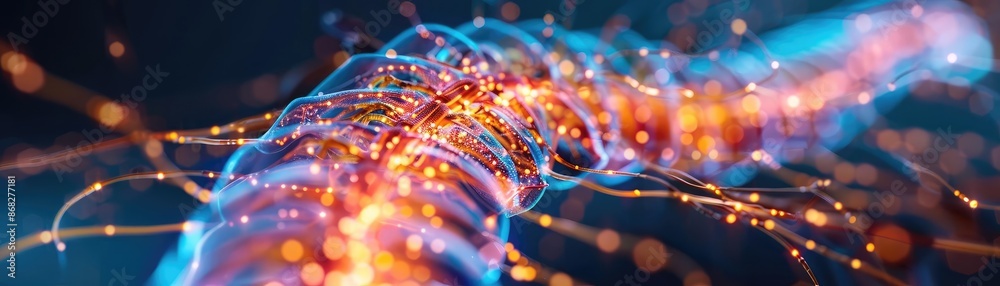 Spinal cord with visible nerve pathways and impulses, nervous system, scientific visualization Spinal cord with visible nerve pathways and impulses, nervous system, scientific visualization