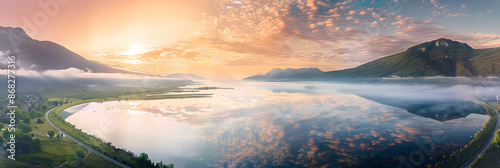 Scenic panorama of Skadarsko Lake with tranquil water and a picturesque sunrise photo