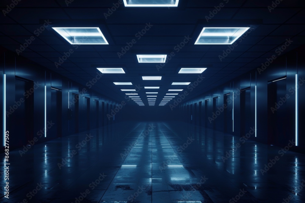Futuristic blue corridor with glowing ceiling lights