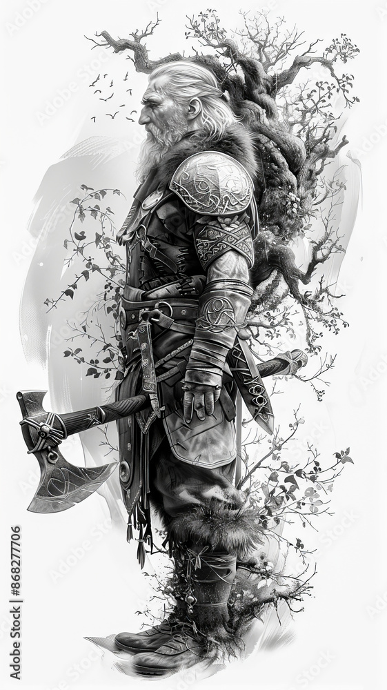 Fototapeta premium Large Warrior Wizard. Generated image. A digital illustration of a large warrior wizard standing next to a haunted tree, warrior shaman with an axe, in the style of colorful realistic tattoo.