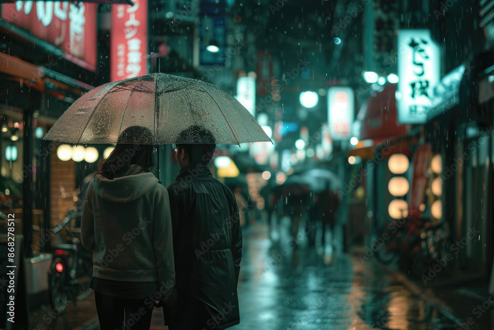 Obraz premium Couple sharing umbrella on rainsoaked street