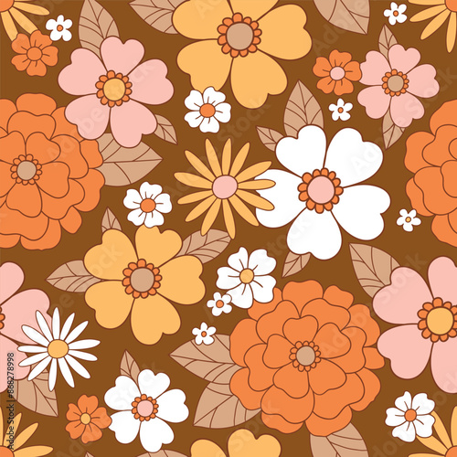 Seamless vector pattern with hand drawn decorative vintage flowers. Retro groovy floral background. Perfect for textile, wallpaper or print design.