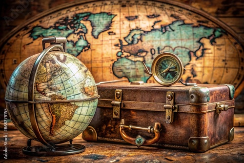 Aged world map serves as backdrop for nostalgic travel essentials: intricately crafted compass, worn vintage suitcase, and distressed globe, evoking centuries of adventure. photo