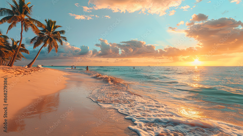 A beautiful tropical beach at sunset with golden sand, turquoise water, and swaying palm trees. A family plays in the background, building sandcastles and laughing together A beautiful tropical beach at sunset with golden sand, turquoise water, and swaying palm trees. A family plays in the background, building sandcastles and laughing together
