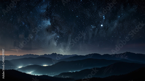 Stars in the sky, in the style of digital painting, tender depiction of nature, dark sky-blue and black, soft, romantic scenes, romanticized landscapes, serene atmospheric perspective, fine detailed