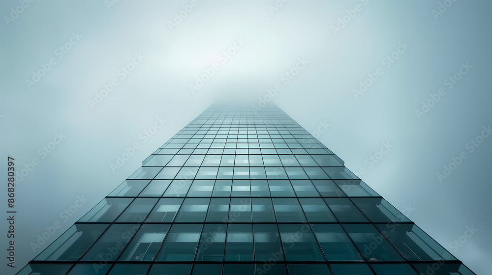 Low angle shot of skyscrapers with foggy sky Low angle shot of skyscrapers with foggy sky