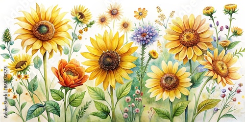 Vibrant yellow watercolor sunflowers and wildflowers bloom in a delicate illustration set, evoking a warm and cheerful summer atmosphere with gentle floral elements.