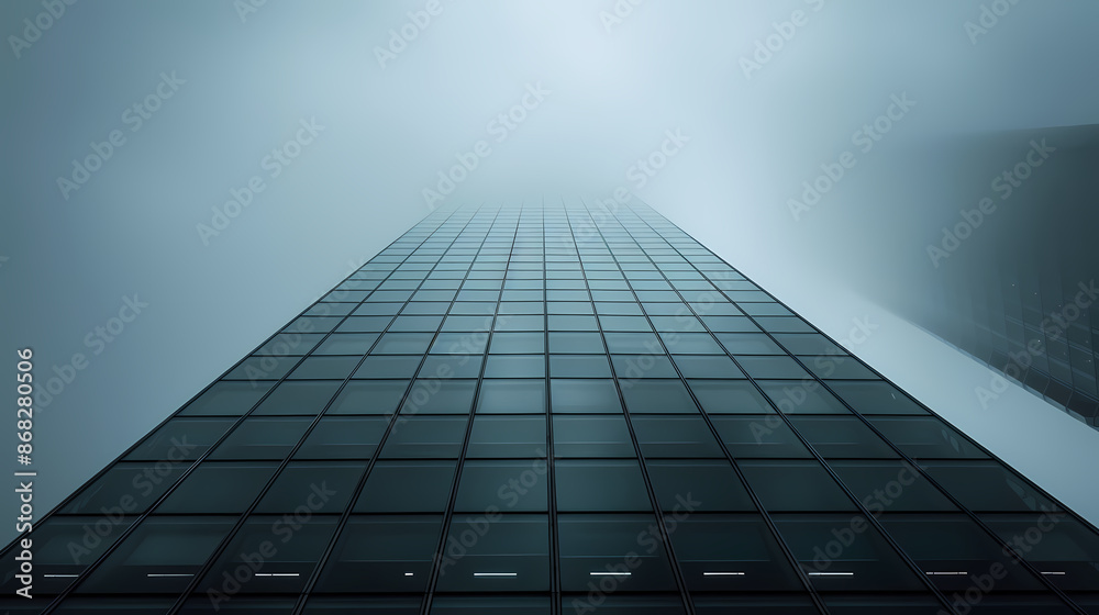 Low angle shot of skyscrapers with foggy sky Low angle shot of skyscrapers with foggy sky