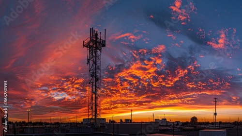 A panoramic view of a cellphone tower at sunset, with the sky painted in warm hues, emphasizing its prominence.