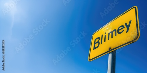 Humorous Blimey Sign on Metal Post Stands Out Against Bright Blue Sky with Space for Text photo