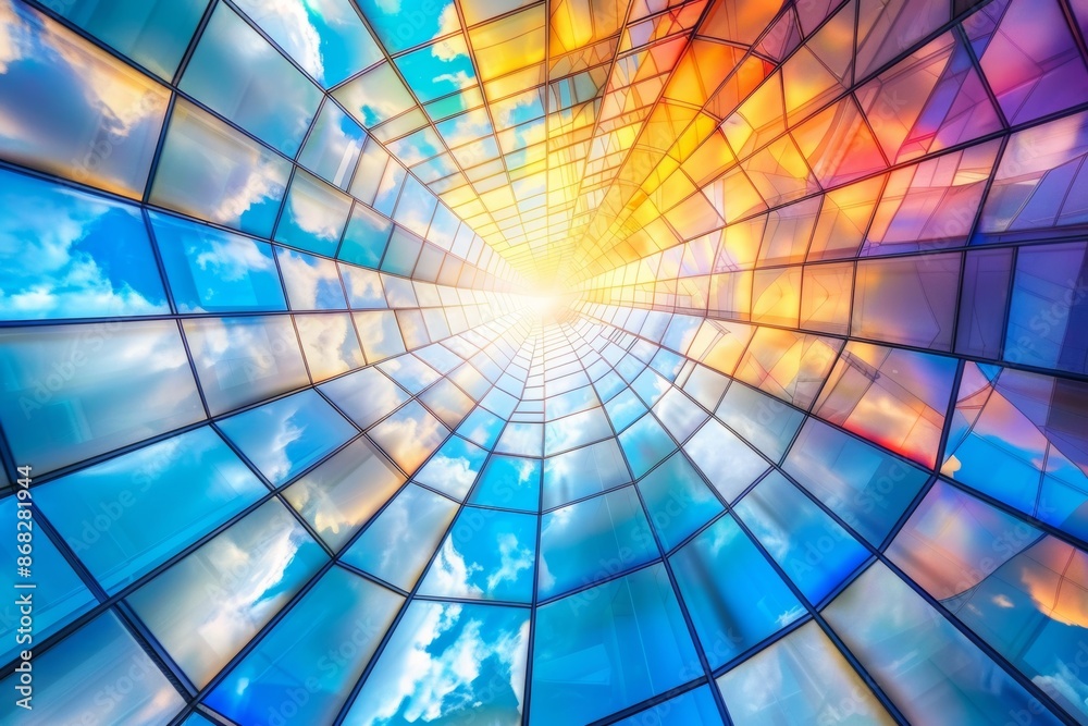 Naklejka premium Abstract geometric glass building facade reflecting sky
