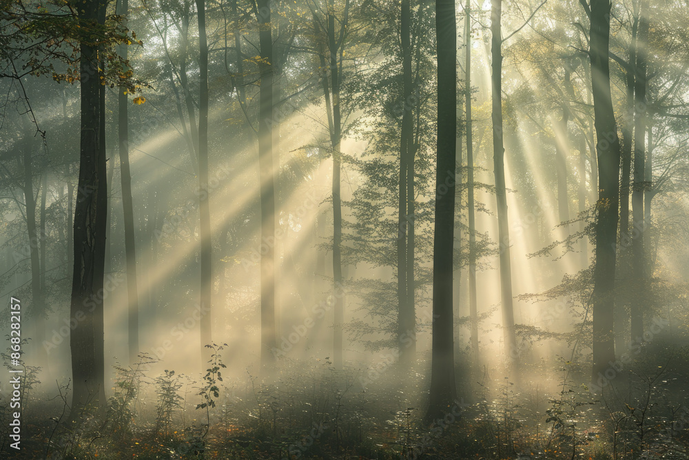 Obraz premium Sunlight filters through fog in misty forest creating an ethereal glow
